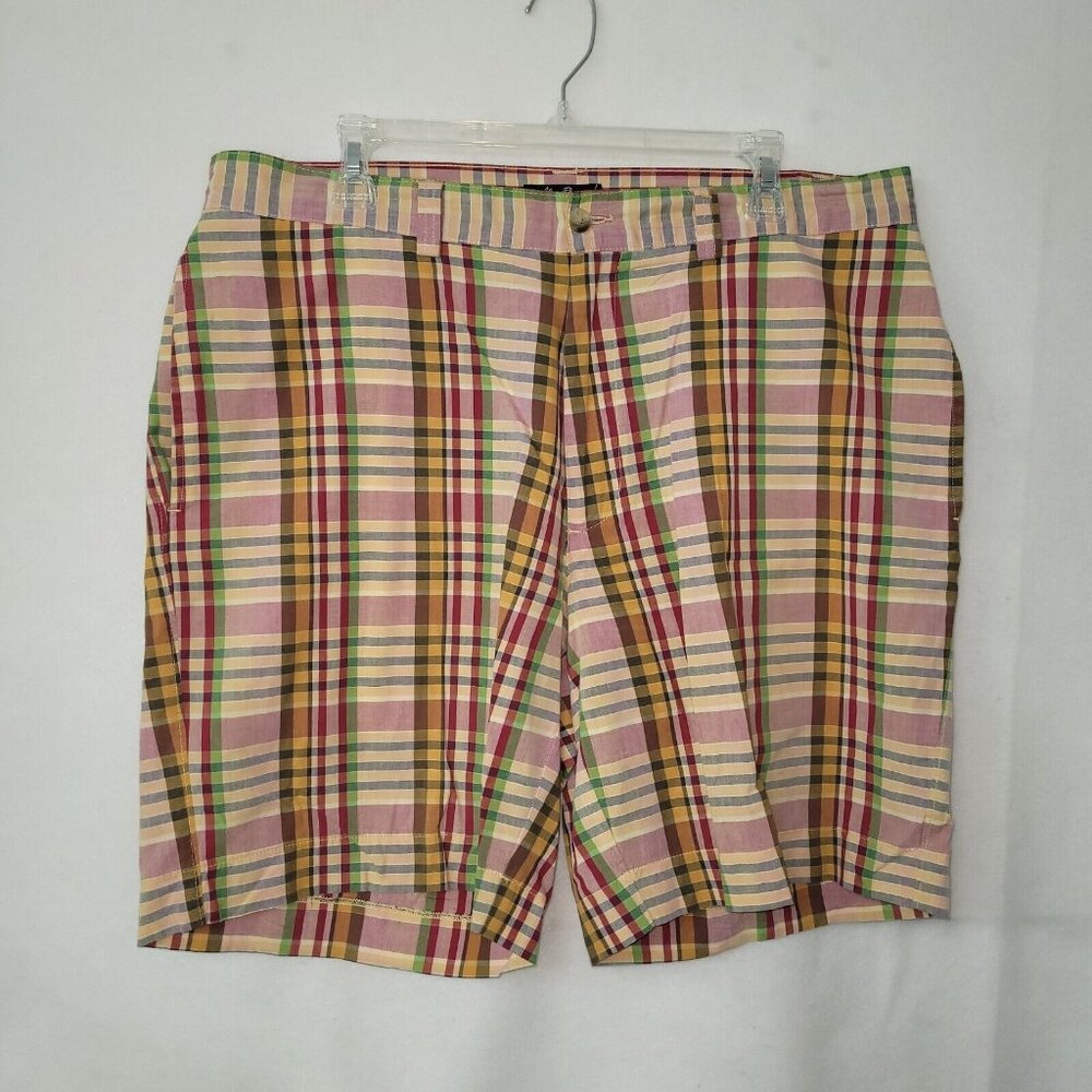 Alan Flusser Golf Shorts Men 36 Madras Plaid Flat Front 8.5" Cotton Beach Preppy